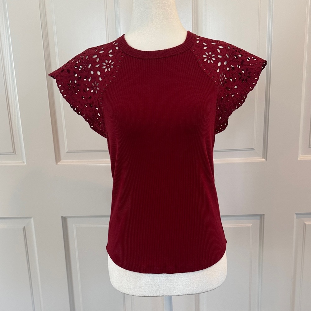 Rebecca Taylor Burgundy Eyelet Sleeve Blouse